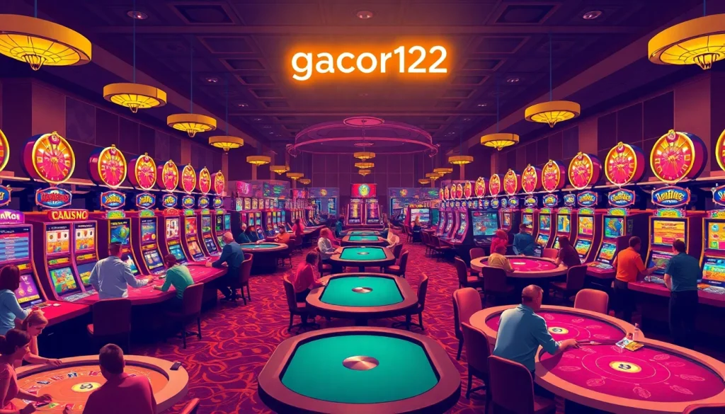Experience the thrill of gacor123 as players enjoy vibrant casino games at poker tables and slot machines.